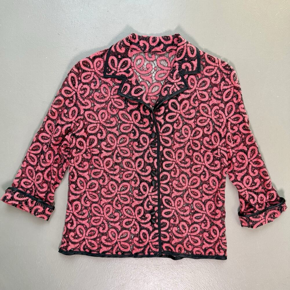 Lace Jacket Approx MED/LARGE Church Pink Black Sheer Embroidered USA Made